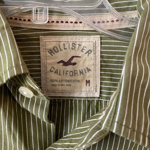 Hollister Men’s Button Down Shirt Size Medium Green Striped Long Sleeve - Picture 2 of 13